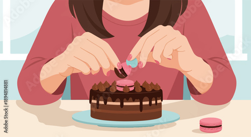 A person's hands delicately place a macaron onto a frosted chocolate cake