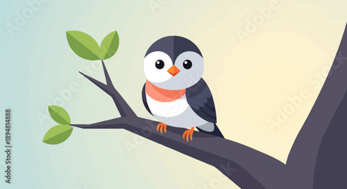 A small, cartoonish bird with a reddish neck rests on a branch