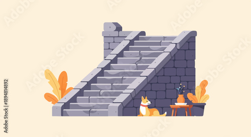 A small dog rests by a stone staircase adorned with plants and a vase of flowers