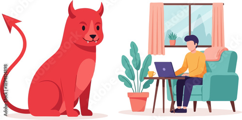 A red devil creature sits next to a person working on a laptop at home