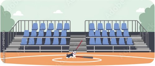 A small dog wearing a red collar sits on a sports court near a baseball bat