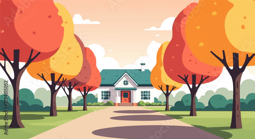 A quaint house with a colorful autumn tree-lined pathway leading up to it
