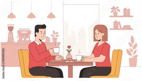 An illustrated scene of a man and a woman enjoying coffee together at a cozy cafe table with a rose.