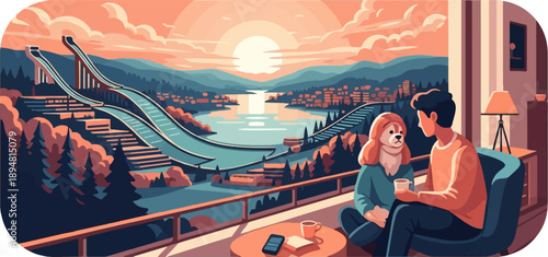 A serene moment shared between a person and their dog on a balcony overlooking a picturesque landscape