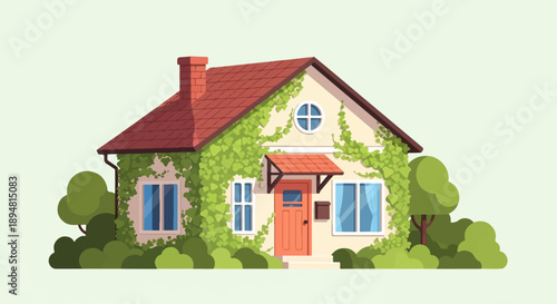 A quaint house covered in ivy, nestled amongst lush green foliage