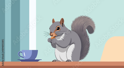A small gray squirrel sits on a ledge eating a nut next to a blue cup