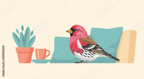 A small pink bird rests on a cushion near a potted plant and cup