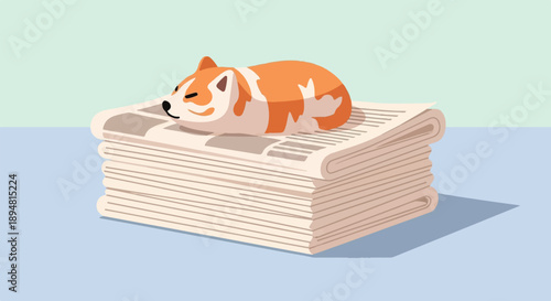 A small, sleepy dog rests on a stack of newspapers
