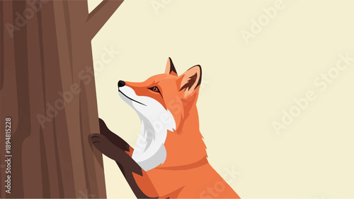 A stylized fox with orange fur stands near a brown tree trunk