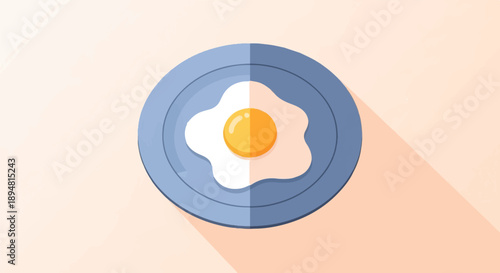 A stylized fried egg sits on a blue plate with a long shadow