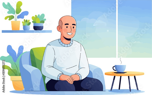 A smiling bald man relaxes in a chair with houseplants and a hot beverage