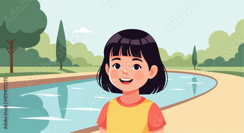 A smiling child stands beside a calm canal in a park setting