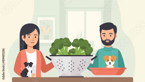 A smiling couple and their dogs are preparing broccoli in a kitchen