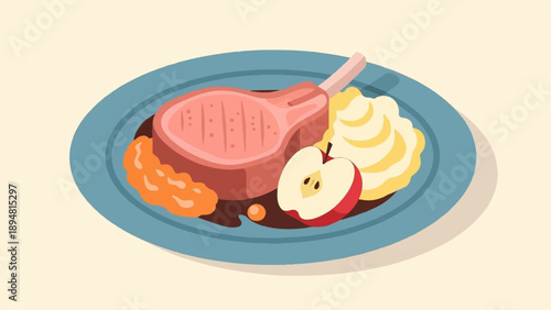 A grilled pork chop with mashed potatoes, apple, and orange-colored food