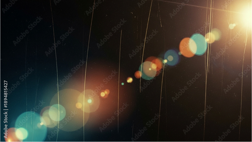 Obraz premium Rainbow lights and rain falling down on a dark background with lens flares from the top right