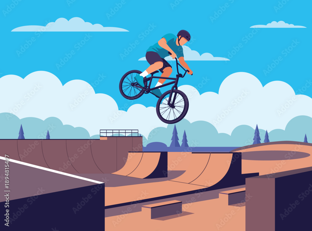 Fototapeta premium male BMX rider performing a mid air jump at a sunny outdoor skatepark with ramps, clouds, and a blue sky in the background.
