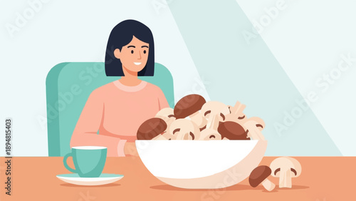 A smiling person sits at a table with a large bowl of mushrooms and a cup