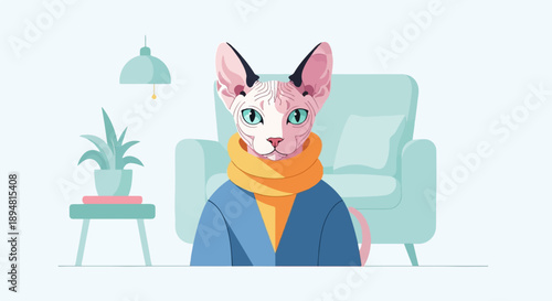 A stylized hairless cat wearing a blue jacket and orange scarf sits in a chair