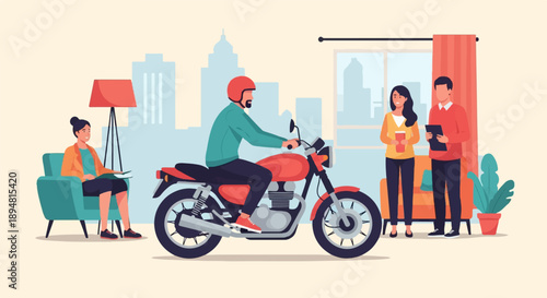 A man on a motorcycle in a room with people and cityscape