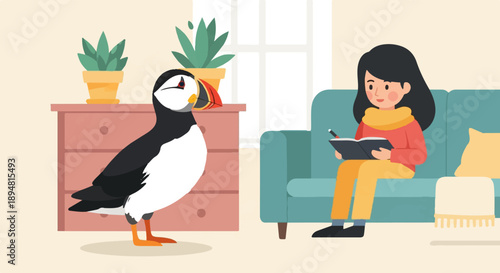 A puffin stands by a dresser while a person reads a book on a sofa