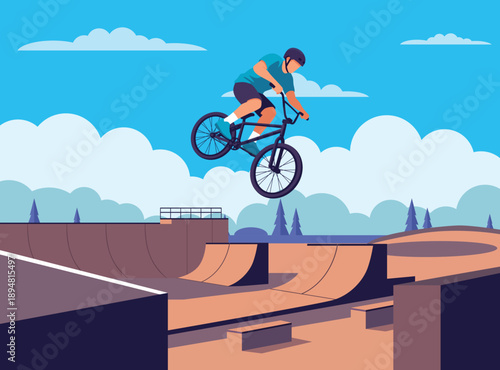 male BMX rider performing a mid air jump at a sunny outdoor skatepark with ramps, clouds, and a blue sky in the background.