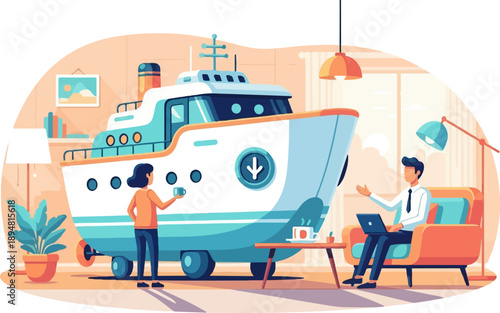 A stylized illustration depicts a boat, two people, and a room setting