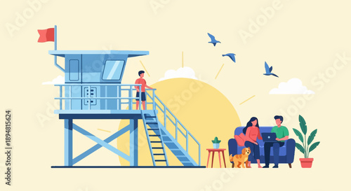 A lifeguard tower guards a serene beach scene with people relaxing