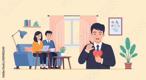 A man in a suit holds a heart and pen, while a couple works on a laptop indoors