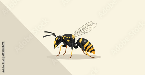 A stylized illustration of a black and yellow striped insect with translucent wings