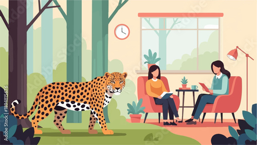 A leopard walks past a windowed room where two women read indoors