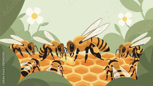 A group of bees gathered on a honeycomb, surrounded by greenery and flowers
