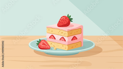 A layered dessert with pink frosting, sponge cake, and fresh strawberry slices