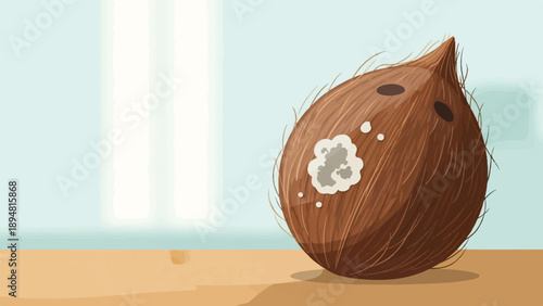 A hairy, brown coconut with visible mold spots rests on a tan surface