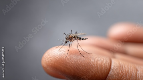 Close up view of a mosquito extracting blood from human skin on a finger, highlighting the threat posed by this dangerous insect in spreading diseases like malaria and dengue fever