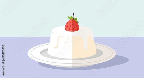 A smooth white dessert with a red strawberry on top, on a plate