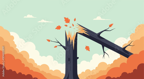 A snapped tree trunk with orange leaves and clouds under a pale blue sky