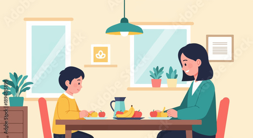 A mother and son enjoy a healthy breakfast together at a table with fruit