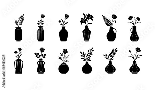 Minimal black silhouette botanical vases with flowers vector set