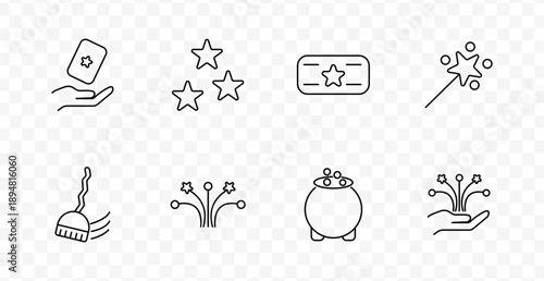 Magic set icon. Hand with card, three stars, ticket, magic wand, broom, fireworks, cauldron, sparkling hand gesture, all styled with clean lines and fantasy elements.