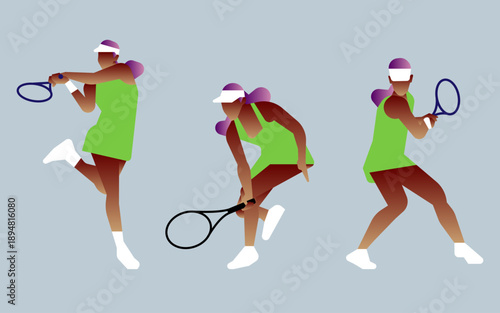 Stylized illustration of a female tennis player in green outfit, showing dynamic athletic poses.