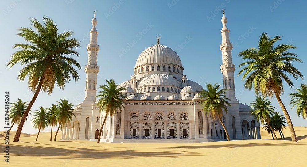 Fototapeta premium Iconic Islamic Mosque with Minarets Surrounded by Palm Trees in a Desert Oasis Under a Clear Blue Sky