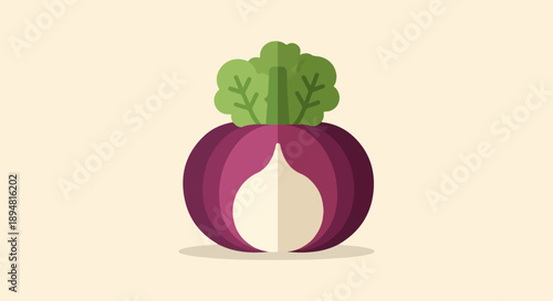 A simple, flat graphic of a halved red onion with green tops