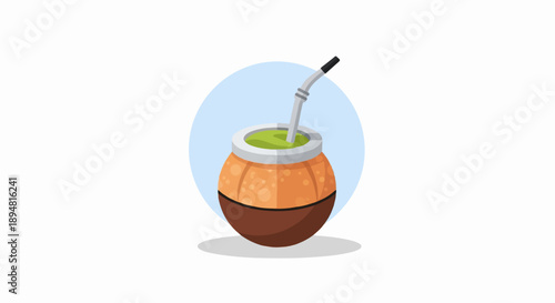A simple flat illustration of a mate gourd filled with green liquid and a metal straw