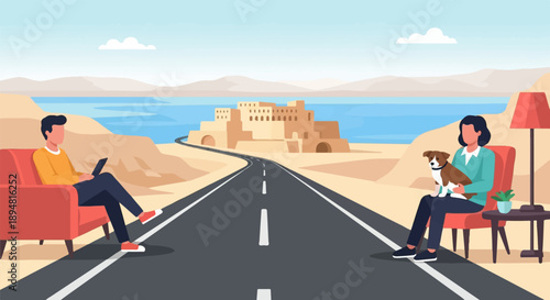 A man and woman with a dog relax by a desert road near ancient ruins