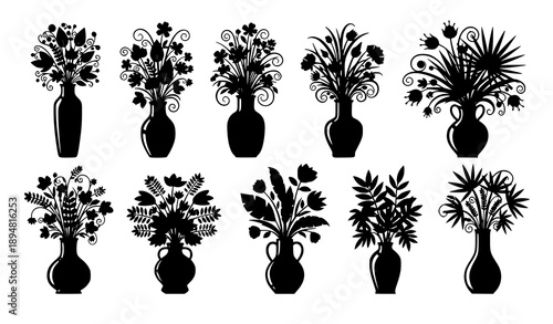 Decorative black silhouette flower vases artistic botanical vector collection