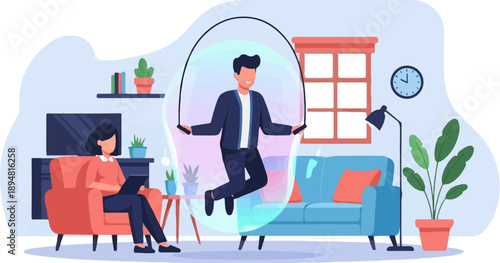 A person jumps rope inside a bubble while another sits on a couch