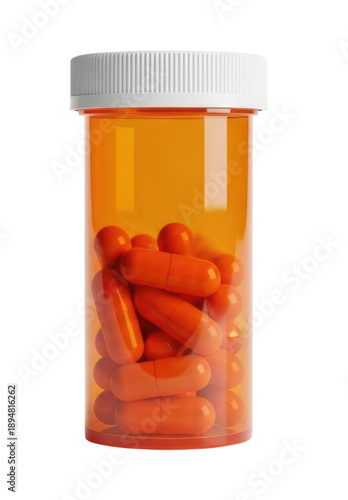 Orange prescription bottle with orange pills cutout isolated on transparent bg, png