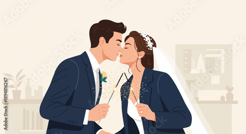 A newlywed couple kisses while holding sparklers