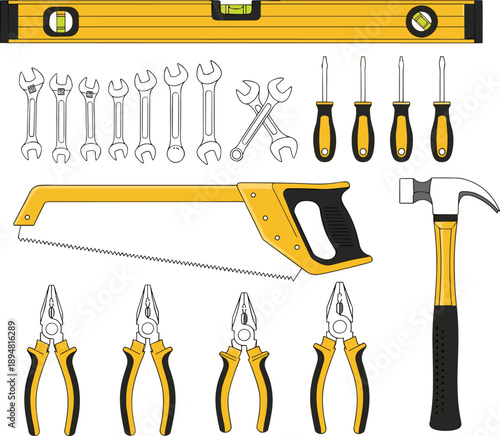 Hand tools set illustration featuring wrenches screwdrivers hammer saw pliers and level isolated on white background for construction repair maintenance projects workshops professionals