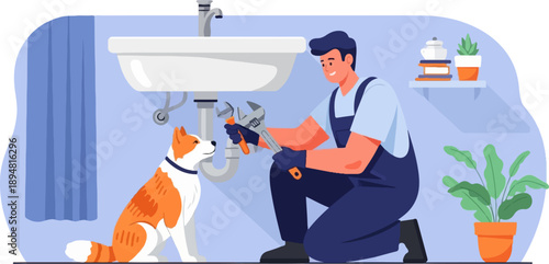 A plumber works under a sink with a dog and plant nearby